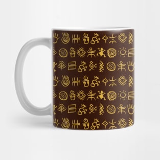 Yellow ancient native american and indigenous rock painting pattern over a dark brown background Mug